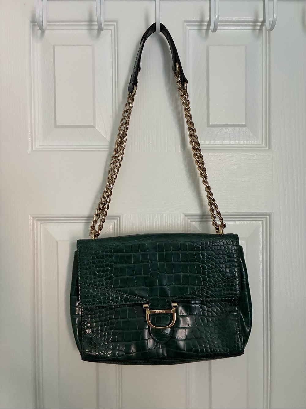 Nine West Dark Green Croc-Embossed Shoulder Bag with Gold Chain Strap
